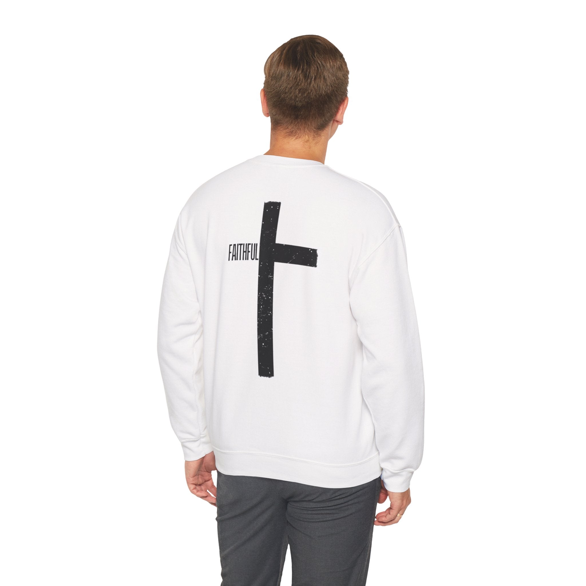 Crewneck Sweatshirt — 'Faithful' Distressed Cross Minimalist Pullover